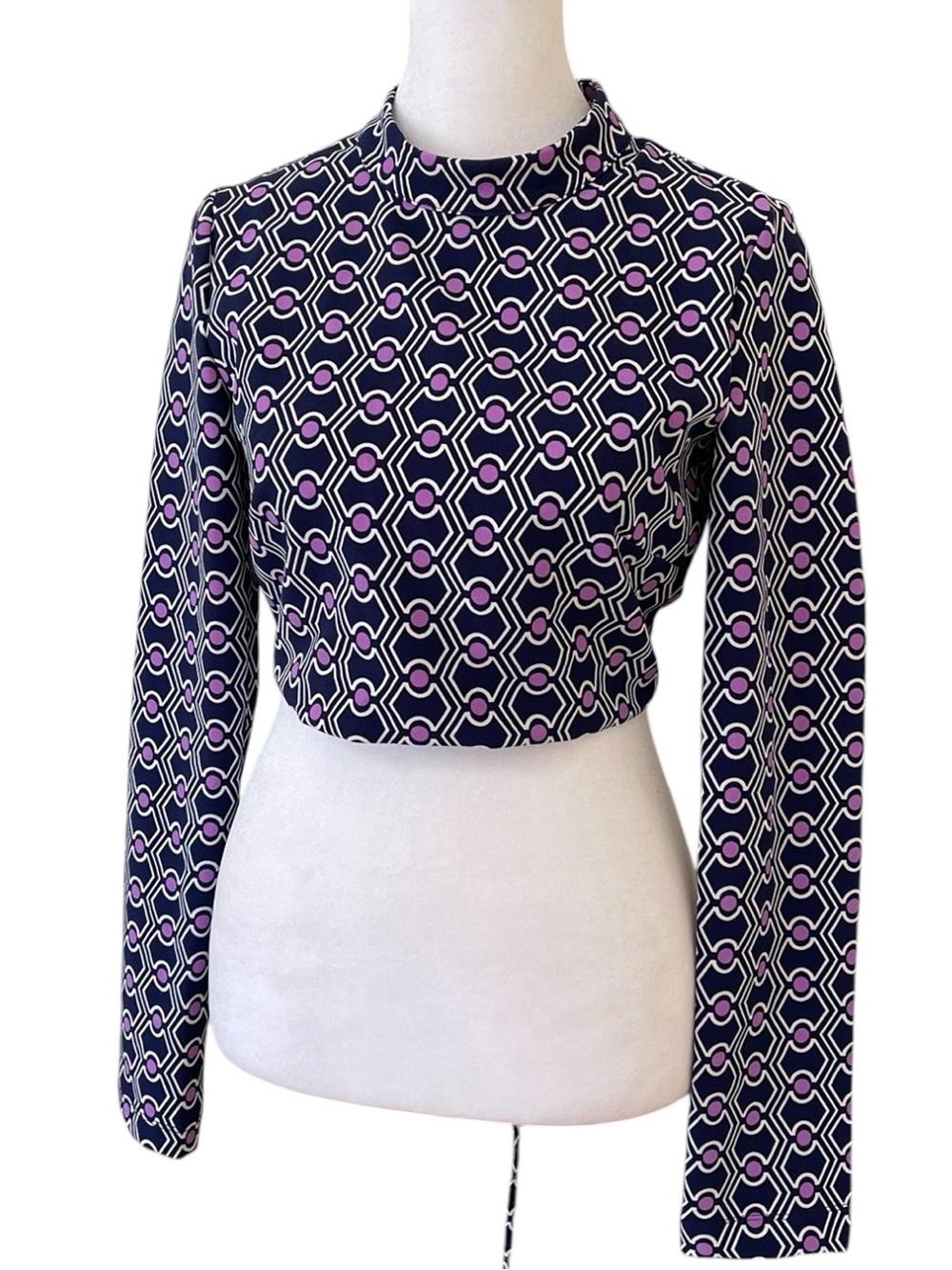 Zara Navy and Purple Geometric Print Long-Sleeve Crop Top Sz S Open Tie Back